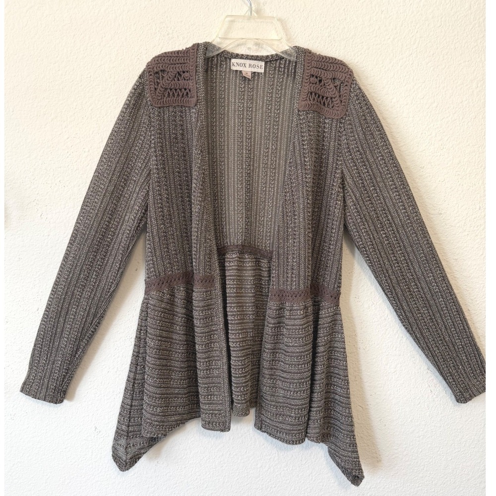 Knox Rose Cardigan Sweater Medium Brown‎ Boho Crochet Lace Open Front Peplum